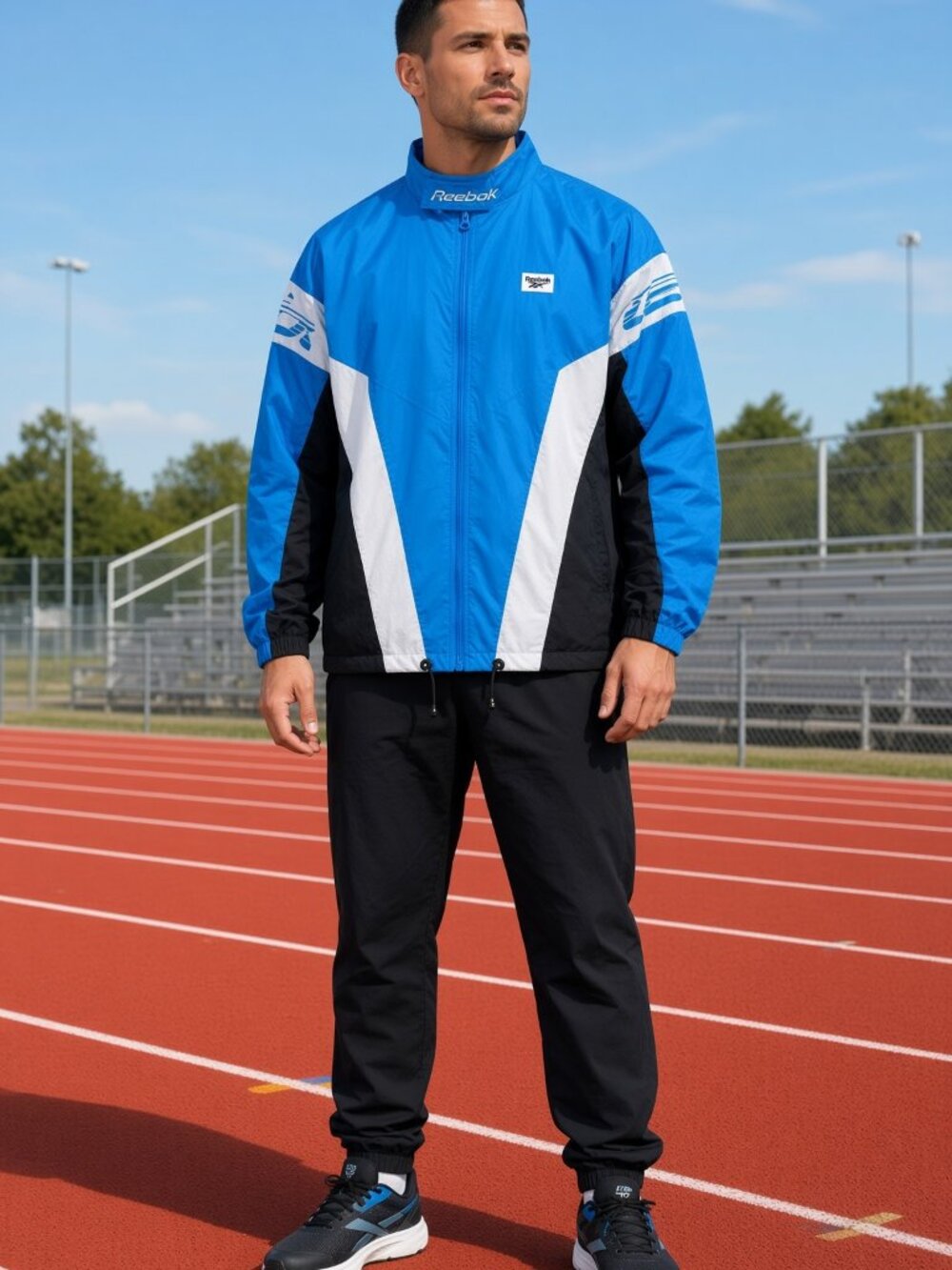 Reebok Classic Men Blue Windbreaker Track Jacket Zip Up Jog Gym US XL
